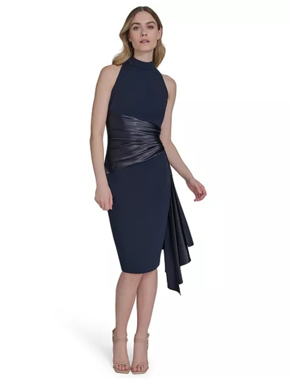 Eliza J NWT Navy Satin Draped Cocktail Dress Size 6 High Neck Sleeveless $168